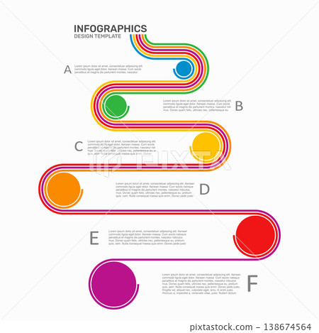 Vertical zig-zag business infographic template with six colorful circular steps. Vector illustration. Vertical zig-zag business infographic template with six colorful circular steps. Vector illustration. 138674564