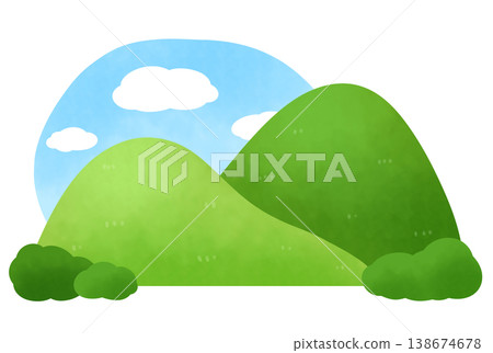 一幅風景畫,描繪了兩座山峰、藍天和雲朵。 一幅風景畫,描繪了兩座山峰、藍天和雲朵。 138674678