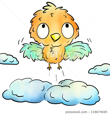 Colorful furry bird flying up on clouds cartoon illustration Colorful furry bird flying up on clouds cartoon illustration 138674685