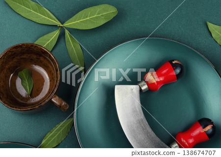 Herbal tea setup with bay leaves Herbal tea setup with bay leaves 138674707