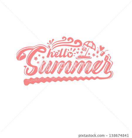 Hello Summer pink lettering illustration. Hello summer label graphic with sun, umbrella, camera and cocktail icons. Modern seasonal greeting on white background for summer vacation and travel design. Hello Summer pink lettering illustration. Hello summer label graphic with sun, umbrella, camera and cocktail icons. Modern seasonal greeting on white background for summer vacation and travel design. 138674841