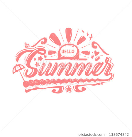 Hello Summer pink lettering illustration. Hello summer label graphic with sun, umbrella, camera and cocktail icons. Modern seasonal greeting on white background for summer vacation and travel design. Hello Summer pink lettering illustration. Hello summer label graphic with sun, umbrella, camera and cocktail icons. Modern seasonal greeting on white background for summer vacation and travel design. 138674842