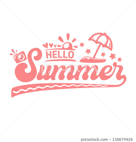 Hello Summer pink lettering illustration. Hello summer label graphic with sun, umbrella, camera and cocktail icons. Modern seasonal greeting on white background for summer vacation and travel design. Hello Summer pink lettering illustration. Hello summer label graphic with sun, umbrella, camera and cocktail icons. Modern seasonal greeting on white background for summer vacation and travel design. 138674926