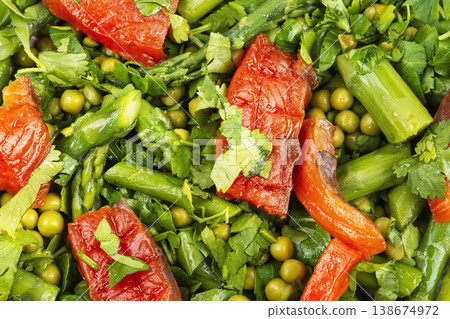 Healthy Seafood Salad with Trout, Asparagus and Greens. Healthy Seafood Salad with Trout, Asparagus and Greens. 138674972