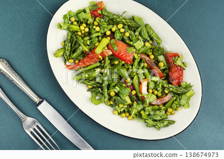 Smoked Trout Salad with Asparagus and Green Peas Smoked Trout Salad with Asparagus and Green Peas 138674973