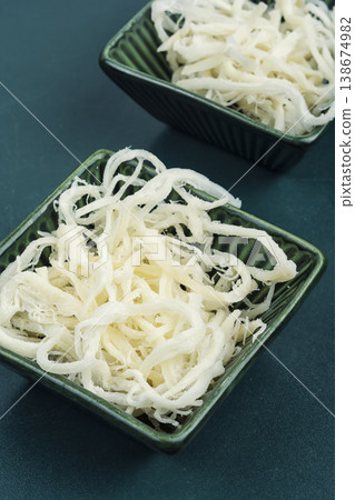 Dried Squid Snack in Bowl on Table, Seafood Concept. Dried Squid Snack in Bowl on Table, Seafood Concept. 138674982