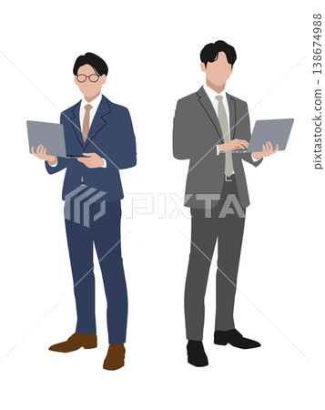 白色背景上的商務人士手持筆記型電腦的向量圖。 白色背景上的商務人士手持筆記型電腦的向量圖。 138674988