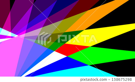 Abstract geometric background with colorful overlapping transparent triangles. Vibrant rainbow shards burst from the side against a dark backdrop for a modern, creative design. Abstract geometric background with colorful overlapping transparent triangles. Vibrant rainbow shards burst from the side against a dark backdrop for a modern, creative design. 138675298