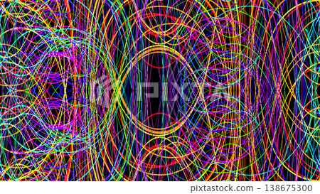 Intricate psychedelic background with symmetric neon tangled lines and chaotic colorful swirls on a black background. Abstract digital art with a vibrant energy vibe. Intricate psychedelic background with symmetric neon tangled lines and chaotic colorful swirls on a black background. Abstract digital art with a vibrant energy vibe. 138675300