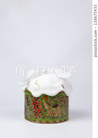 Easter Kulich with White Glaze and Orchid Flowers in Ornate Green Box Easter Kulich with White Glaze and Orchid Flowers in Ornate Green Box 138675435