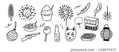 一組手繪的日本夏季祭典插圖。 一組手繪的日本夏季祭典插圖。 138675475