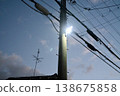 The night sky illuminated by the lights of the utility poles 138675858