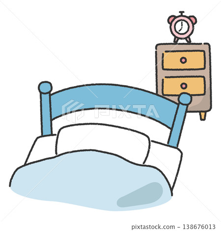 A simple illustration of a bed, a bedside table, and an alarm clock. A simple illustration of a bed, a bedside table, and an alarm clock. 138676013