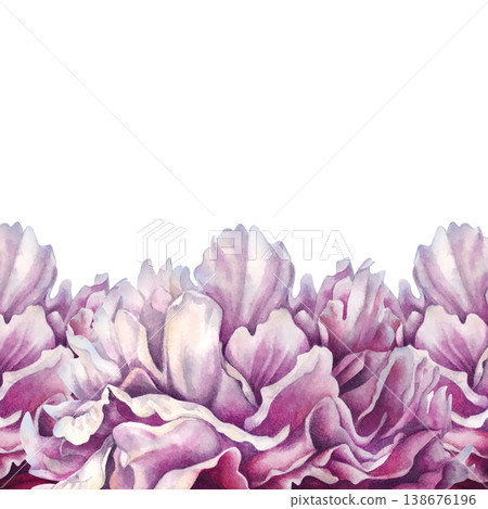 Pink peony horizontal border with layered petals and soft gradients. Watercolor hand drawn floral arrangement ideal for top or bottom decoration in invitations, stationery, packaging, botanical design Pink peony horizontal border with layered petals and soft gradients. Watercolor hand drawn floral arrangement ideal for top or bottom decoration in invitations, stationery, packaging, botanical design 138676196