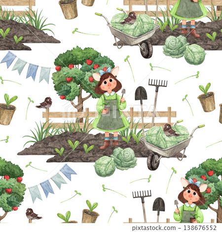 A watercolor seamless pattern featuring a pig in a green dress planting in a garden A watercolor seamless pattern featuring a pig in a green dress planting in a garden 138676552