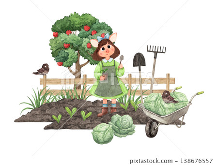 A watercolor illustration of a pig in a green dress planting in a garden A watercolor illustration of a pig in a green dress planting in a garden 138676557