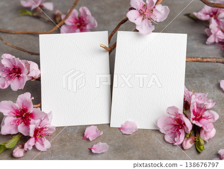 Blank cards set mockup with pink cherry blossoms and twigs on grey stone. Spring wedding stationery 138676797
