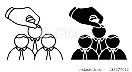 Linear icon. Hand of HR manager selects a suitable candidate for the vacant position. Simple black and white vector symbol isolated on white background Linear icon. Hand of HR manager selects a suitable candidate for the vacant position. Simple black and white vector symbol isolated on white background 138677012