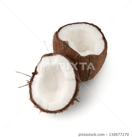 Coconut pieces, broken coco nut isolated, fresh tropical palm fruit slices, open cracked coconut 138677270