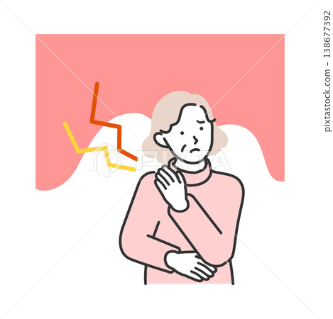 An illustration of a senior woman suffering from shoulder and back pain. Suitable for explanations of stiff shoulders and neuralgia, or for advertisements for chiropractic services. 138677392