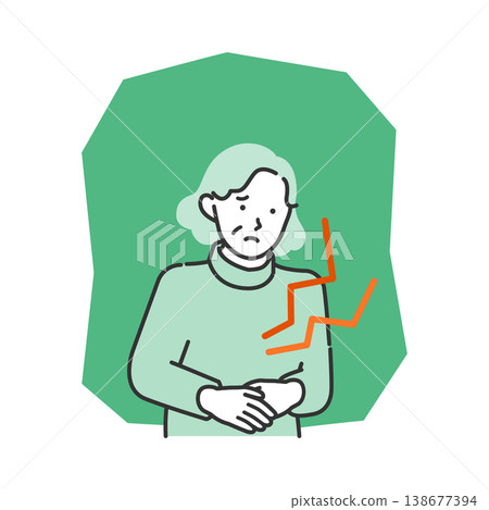 一幅老年婦女因胃痛或腹痛而摀住腹部的插圖；用於解釋食物中毒和消化系統疾病。 138677394