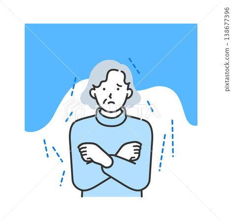 一幅老年婦女因寒冷而顫抖的插圖；用於解釋感冒初期或發燒前的症狀。 138677396