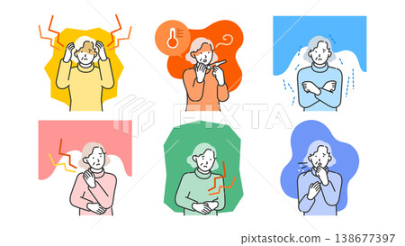 一組插圖，描繪了患有發燒、胃痛等各種疾病的老年婦女，適合用於醫學文章和對這些症狀的解釋。 138677397