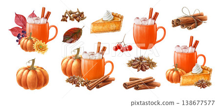 Autumn mood watercolor set with pumpkin late drink, spices and cozy fall elements, isolated background. Hand drawn seasonal clipart perfect for Thanksgiving, packaging, prints and warm autumn design Autumn mood watercolor set with pumpkin late drink, spices and cozy fall elements, isolated background. Hand drawn seasonal clipart perfect for Thanksgiving, packaging, prints and warm autumn design 138677577