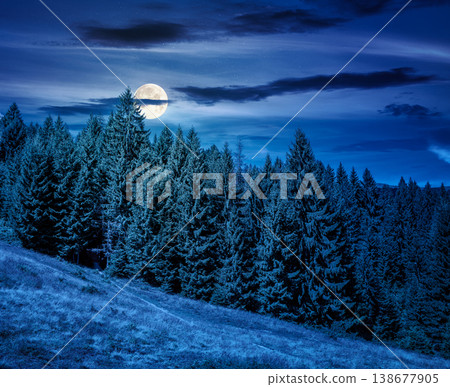 view of a hillside of mountain range with coniferous forest and meadow at night. mysterious mountain landscape in summer. nice picture with full moon for earth day fantasy background 138677905