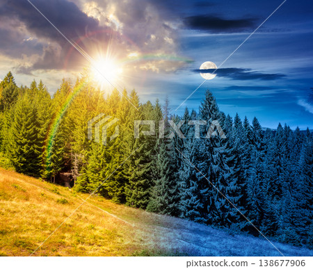 day meet night. view of a hillside of mountain range with coniferous forest and meadow. sun and moon over mountain landscape in summer at twilight. nice picture for earth day or astrology background 138677906