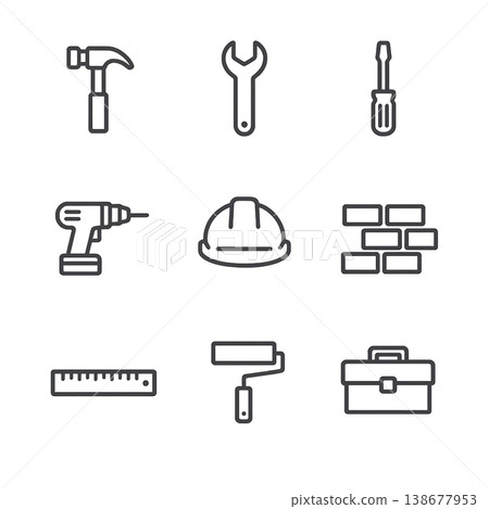 Minimalist line art icon set for construction and DIY tools 138677953