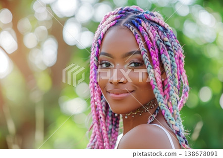 Brightly colored braids frame the face of a young African American woman who is smiling warmly in a vibrant outdoor environment filled with greenery Generative AI 138678091