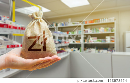 Polish zloty money bag on the background of a pharmacy with medical supplies. Polish zloty money bag on the background of a pharmacy with medical supplies. 138678254