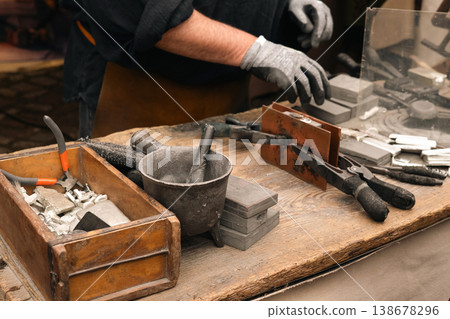 Craft tools and workbench at festival artisan stall in Berlin 138678296