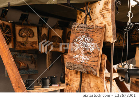 Wooden handmade signs at Easter Knight Festival in Berlin, Germany 138678301