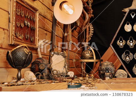 Fantasy jewelry and skull decor at market stall in Berlin 138678323