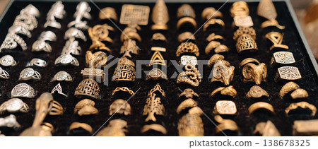 Handmade rings displayed at festival market stall in Berlin 138678325