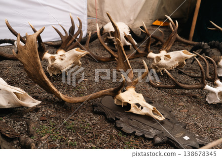 Deer antlers and skulls at Easter Knight Festival market in Berlin 138678345
