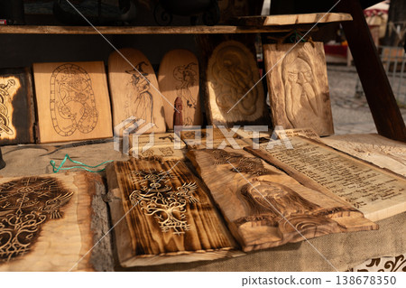 Wood carvings at Easter Knight Festival market stall in Berlin 138678350