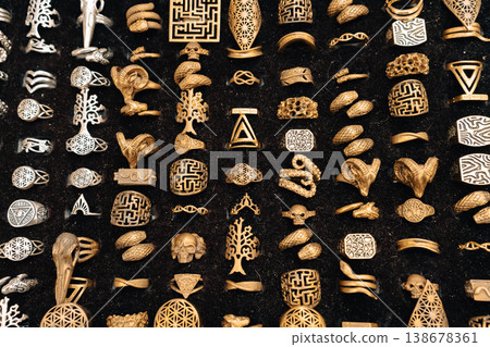 Handmade rings displayed at festival market stall in Berlin 138678361