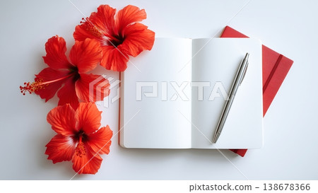 一張白色書桌上放著一本打開的筆記本和一支筆，還有一朵木槿花。 138678366