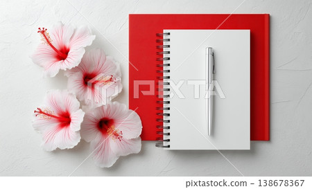 一張白色書桌上放著一本打開的筆記本和一支筆，還有一朵木槿花。 138678367