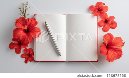 一張白色書桌上放著一本打開的筆記本和一支筆，還有一朵木槿花。 138678368