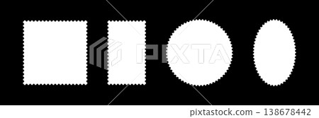 Postage stamp frame. Empty white backdrop, border for postcard, letter. Circle, rectangular vintage stamp icon set. Tag, label, coupon, box collection with curvy, wiggly, wavy perforated edges. 138678442