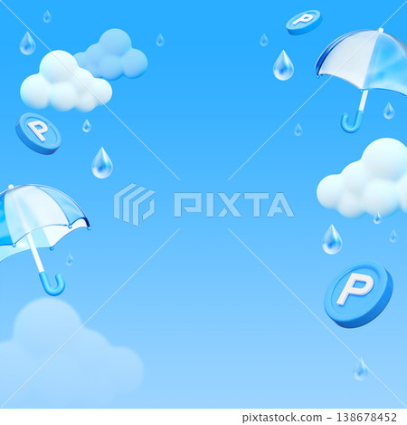 3D Rainy Day Background with Copy Space, Blue Summer Theme with Umbrellas and Clouds 3D Rainy Day Background with Copy Space, Blue Summer Theme with Umbrellas and Clouds 138678452