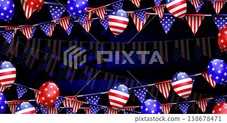 Independence Day. Abstract blue card with an American flag silhouette and balloons Independence Day. Abstract blue card with an American flag silhouette and balloons 138678471