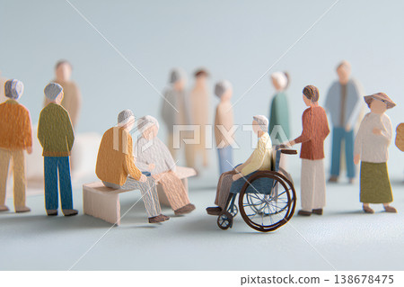 An image of a local community where diverse elderly people interact and support each other with smiles on their faces. 138678475