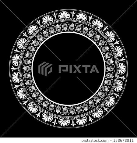 Vintage round frame with floral ornament isolated on black background. Oriental round frame with floral ornament. Stencil. For plate, embroidery, porcelain, Mediterranean ceramic. Vector illustration. 138678811