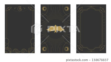 Tarot card frames cover with birds and celestial elements. Front and back side. Vector illustration Tarot card frames cover with birds and celestial elements. Front and back side. Vector illustration 138678837