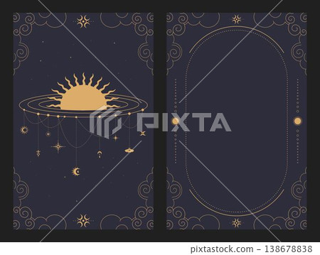Tarot templates decorated with a Sun and clouds. Tarot card frame and cover. Vector illustration 138678838